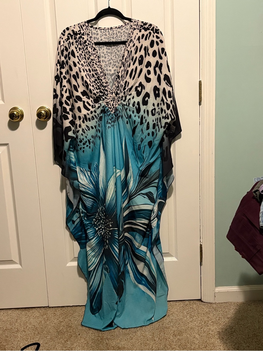 Teal and Black Floral Leopard-Print Swim Coverup Kaftan
